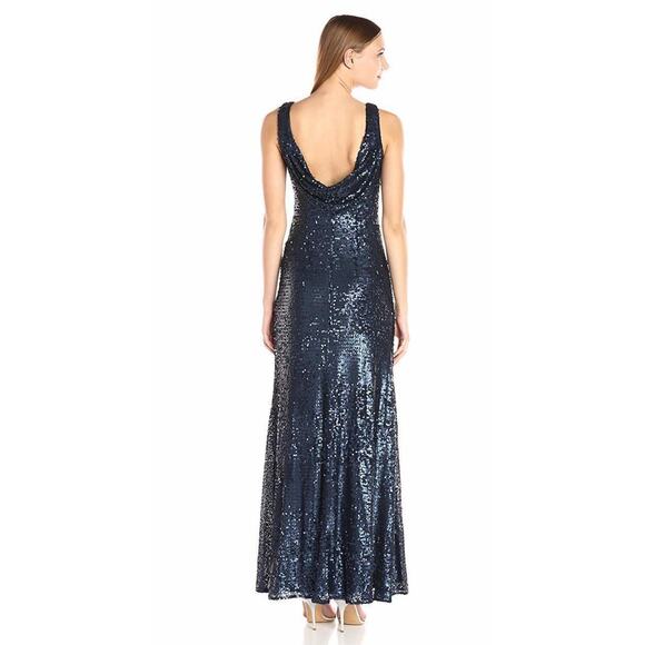 Adrianna Papell Sequin Sleeveless Scoop Back Gown Sparkle Maxi Dress Navy Blue - Picture 4 of 15